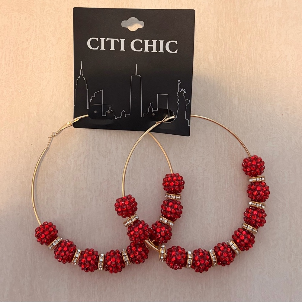 Red Beaded Hoop Earrings